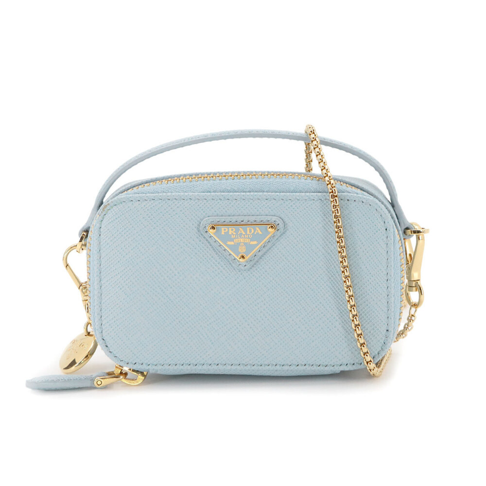 Prada Saffiano Triangle Mini Handbag Pouch Chain Shoulder Leather Light Blue ...